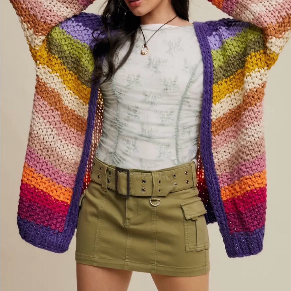 Listicle Multicolor Striped Open-Front Cardigan with Purple Trim
